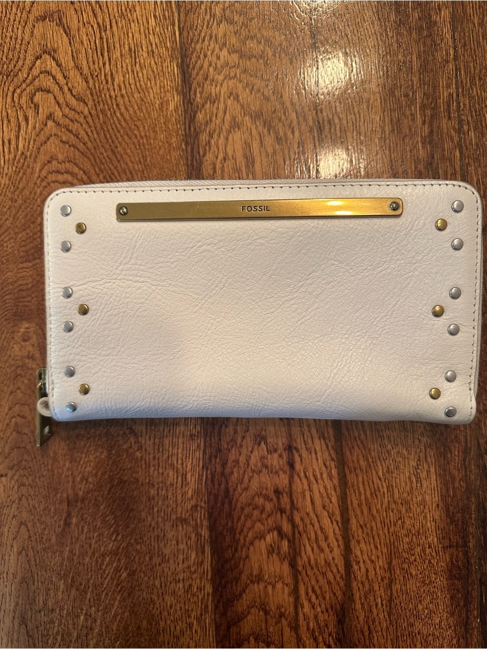 Fossil Cream Leather Zip Around Wallet/Clutch with Gold/Silver Stud Accents